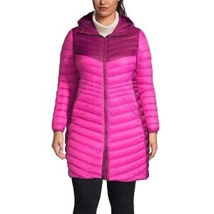 Lands' End Ultralight Down Coat Women M Pink Berry Hooded Chevron Puffer